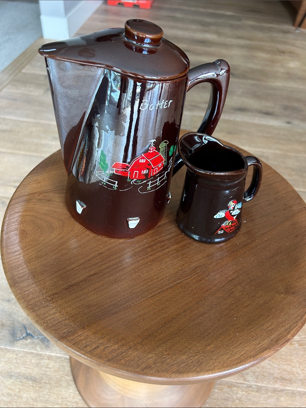 Vintage Redware Brown Ceramic Pitcher and Syrup/Butter Set with Red Barn Accent